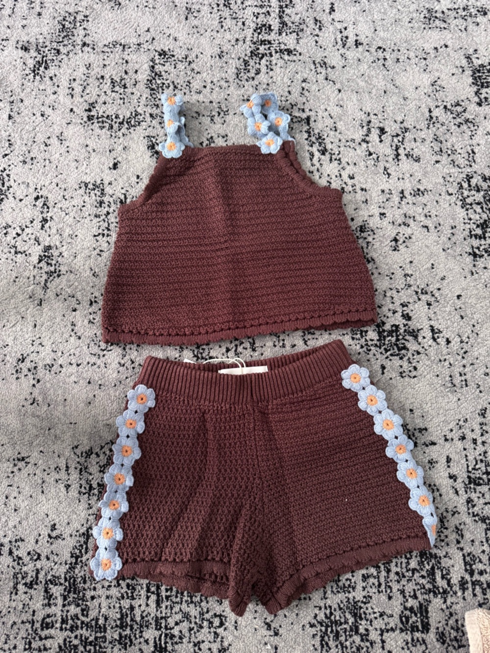 Zara Brown Knit Two-Piece Set with Light Blue Daisy Trim